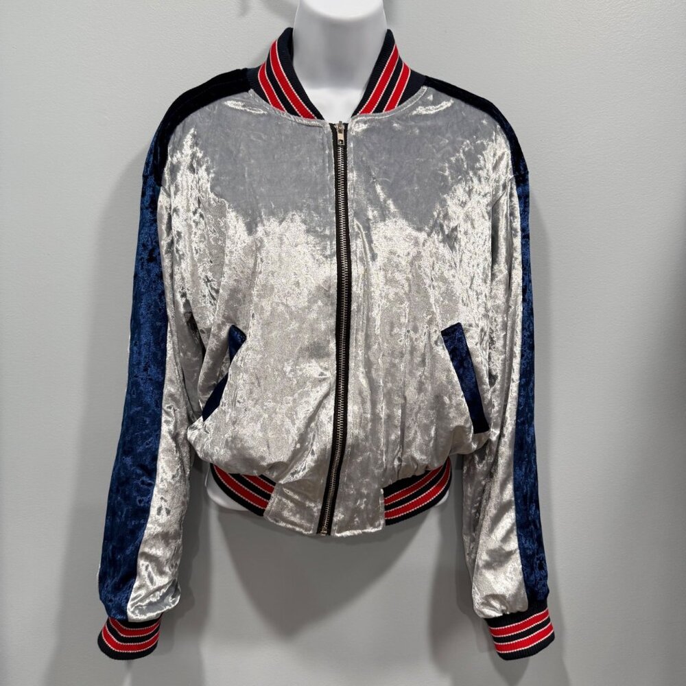 POL Crushed Velvet Colorblock Bomber Jacket Y2K Sporty Luxe Women S Blue Silver - Picture 3 of 11